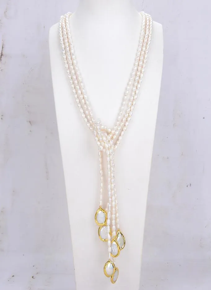 GuaiGuai bijoux 3 brins de culture naturelle perle de riz blanc perle Lariat longue chaîne de pull collier fait à la main pour les femmes vraies pierres précieuses1288256