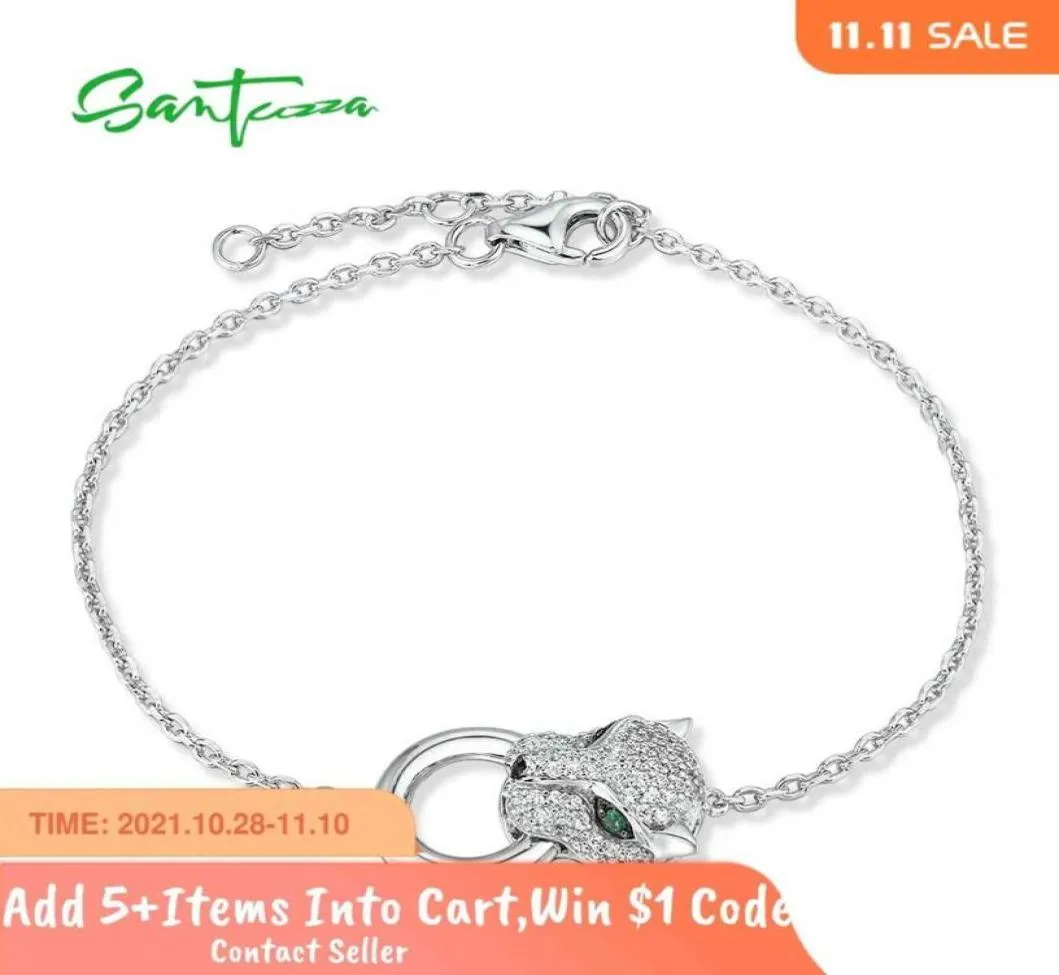 Santuzza 100 925 Sterling Sier Bracelet for Women Leopard Panther Green Black Spinel White Zirconia Jewelry4953026