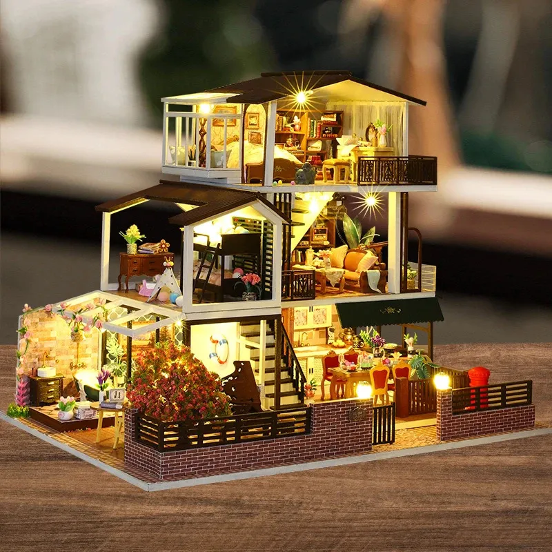 Architectuur/DHZ-huis Diy houten poppenhuizen Miniatuurbouwsets met meubelverlichting Romantische grote casa Poppenhuisspeelgoed voor meisjes Geschenken 231212