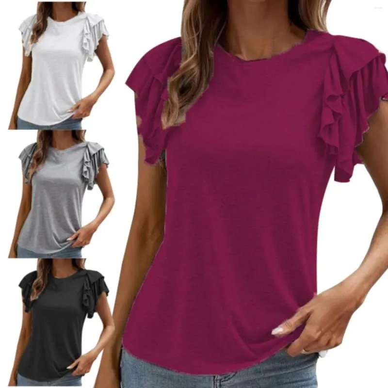 Women's T Shirts Women Shirt Summer Fashion Ladies Tops Ruffle Sleeves Round Neck Short Sleeve Sweater Dress Swing Tunic