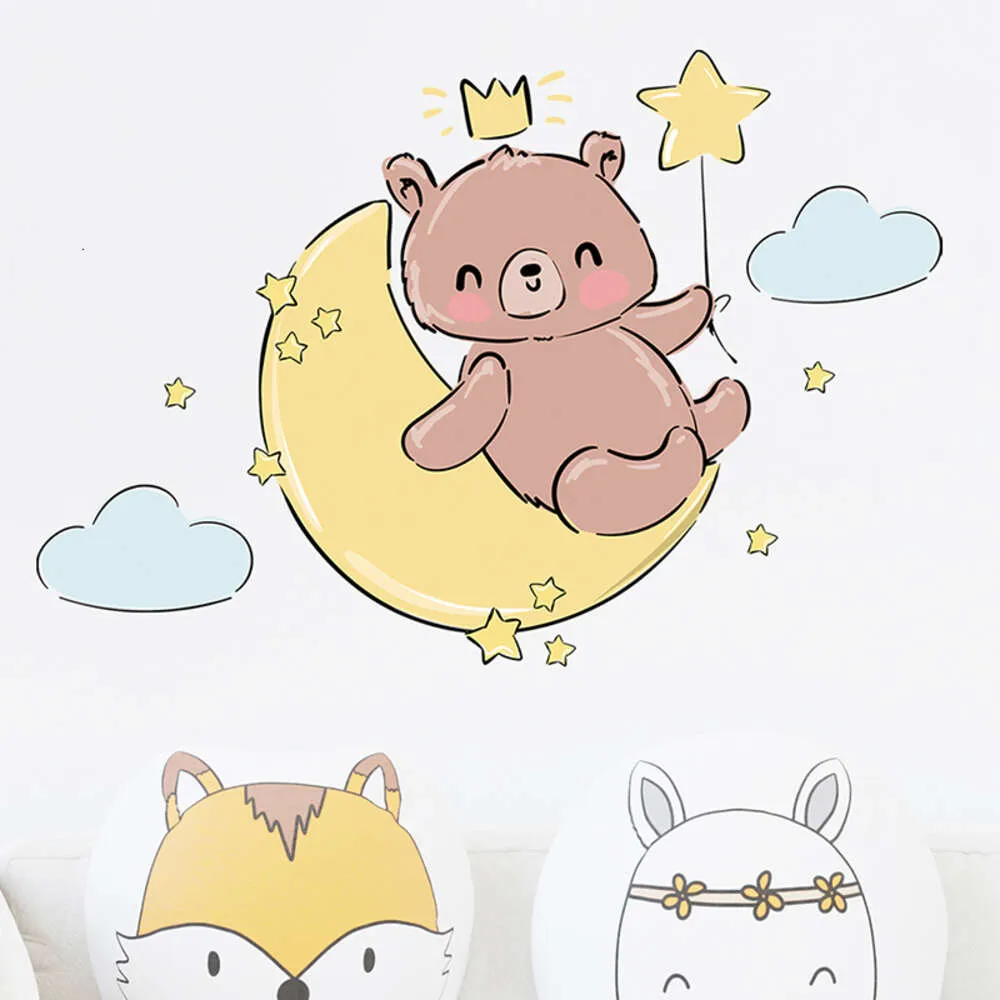 Cartoon Orso marrone On the Moon Cloud Wall Adesivi carini animali da pellicola per bambini per bambini per bambini camera da letto decorazioni per la casa