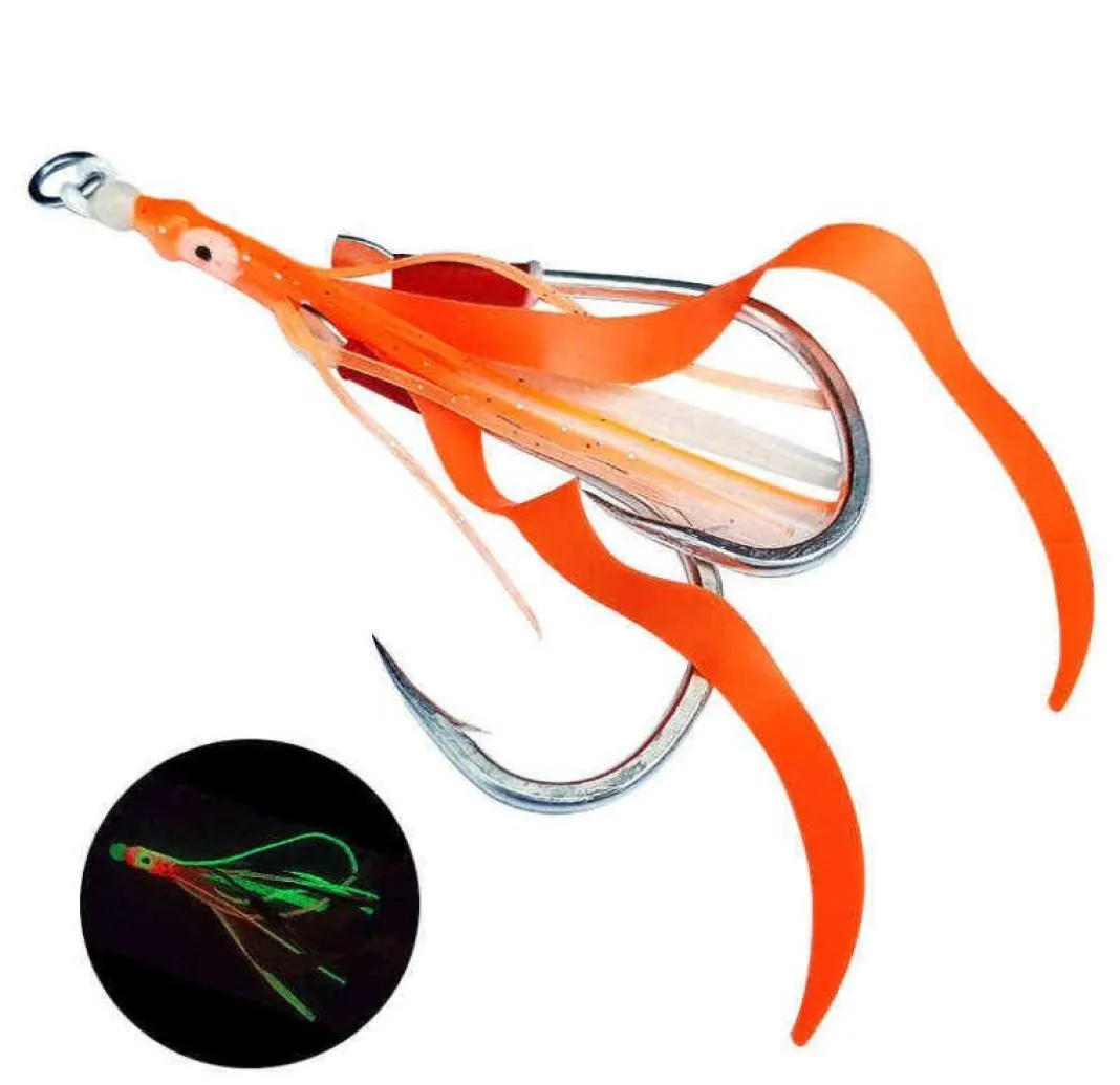 AS 10 Stück Glow Assist Haken mit Tintenfischröcken Lumious Slow Jig Silikonrock Angelhaken Meeresangelzubehör 2201201902036