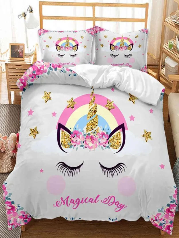 Kawaii Unicorn Girls Pink Luxury Bed Linen King Twin Filtar Full Size Bedding Set Kids9823131
