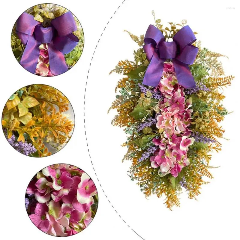 Couronne d'hortensia artificielle suspendue avec ruban à nœud papillon, fleurs décoratives suspendues, porte murale de ferme pour portes