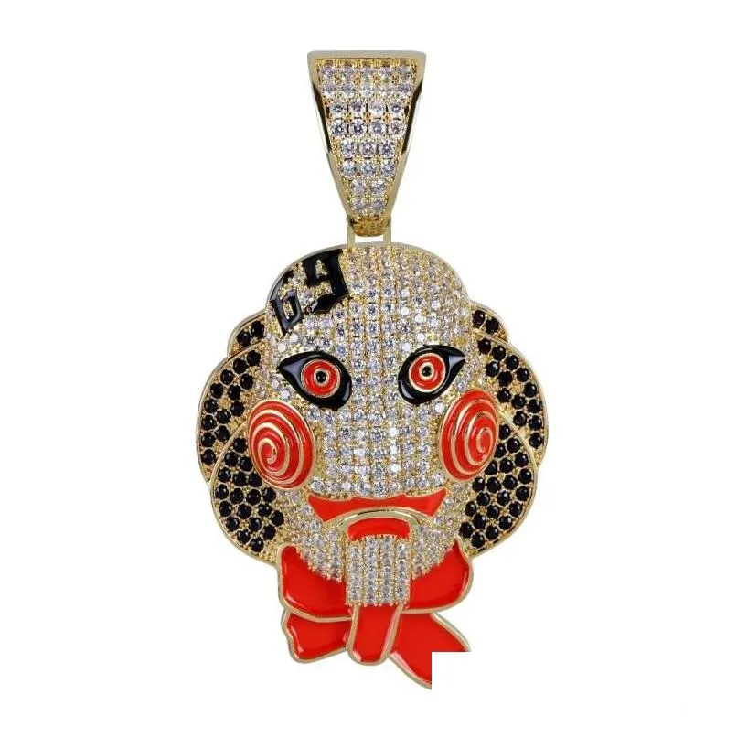 Anhänger Halsketten Puppe Kopf Maske Anhänger Halskette Iced Out Kubikzircon Hip Hop Gold Silber Farbe Männer Frauen Charms Kette schmuck3136386 Dhzwc