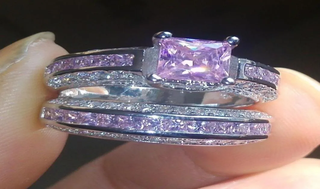 Tamanho de luxo 5678910 joias 10kt ouro branco preenchido rosa topázio corte princesa conjunto de anel de casamento de diamante simulado presente com caixa3724611