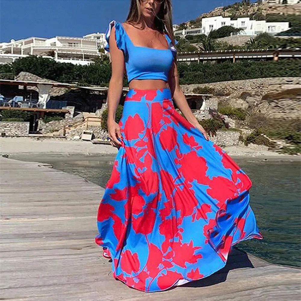 Temel gündelik elbiseler kadınlar için yazlık elbise iki parça set boho maxi kadın 3xl yüksek bele seksi plaj zarif uzun vestidos 231212
