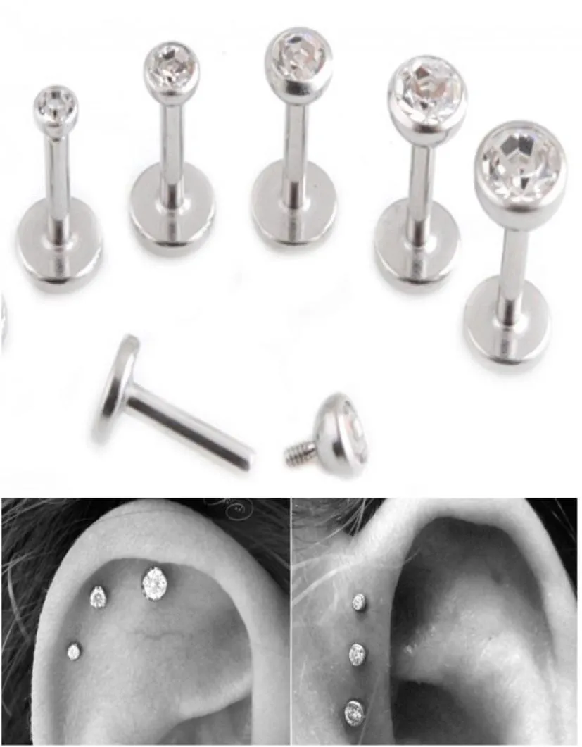 Gemma Labbro Stud lage Helix Tragus Cristallo trasparente Orecchino Labret Piercing Orecchino BAR Filettatura interna 16G Anello con diamanti per labbra Lotto Acciaio5698124