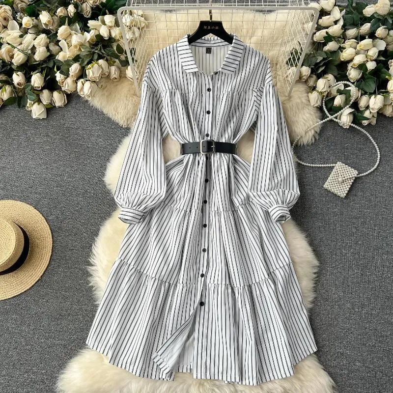 Casual Dresses Korean Fashion Maxi Dress Women Striped Lantern Sleeve Turn Down Collar Belted Female Vestidos Single Breasted Dropship