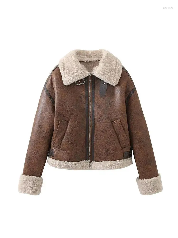 Trenchs de femmes hiver vintage fourrure d'agneau veste en cuir de mouton automne harajuku chaud moto biker manteau décontracté suède vêtements d'extérieur