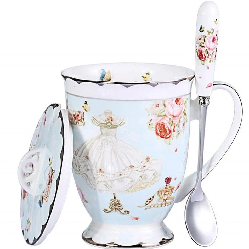 Te Cup and Lid and Spoon Set Royal Fine Bone China Coffee Mug 11oz ljusblå tekoppar Gift för kvinnor Mamma presentförpackning 296h