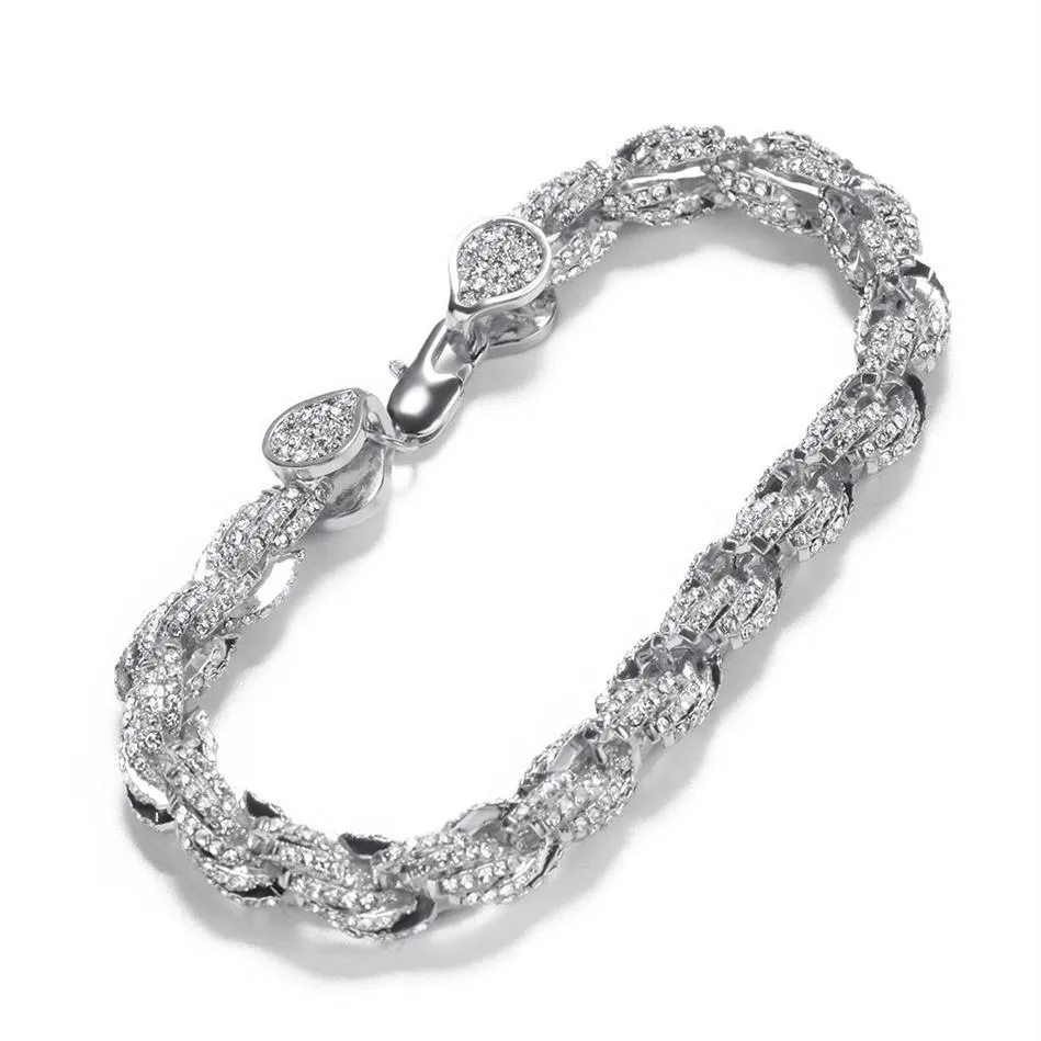 Hip Hop glacé ed corde chaîne Bracelet pour hommes or rose argent plaqué or HipHop Rock Style Pulseiras Femininas230d