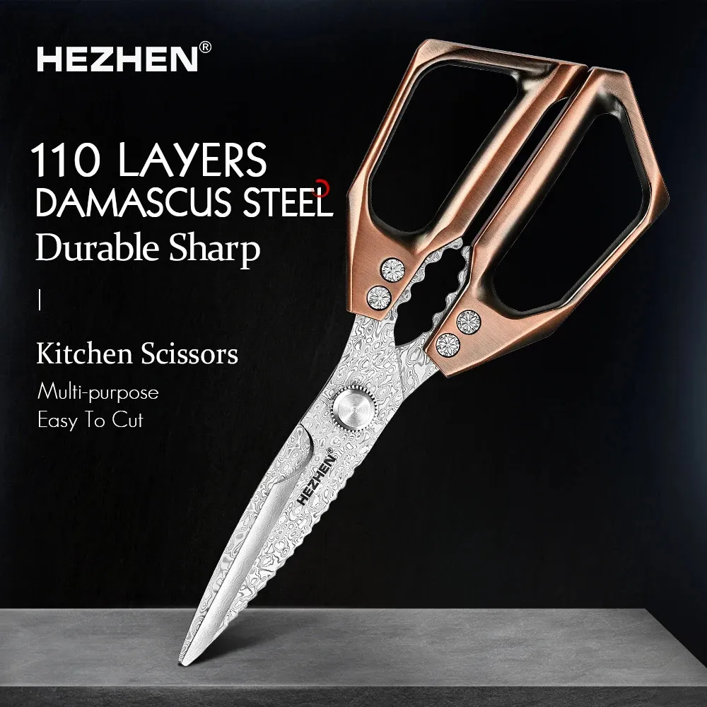 Cuchillos de cocina HEZHEN 110 capas Tijeras de acero de Damasco Tijeras de nuez Raspar Escamas de pescado Herramientas de cocina multifuncionales 231213