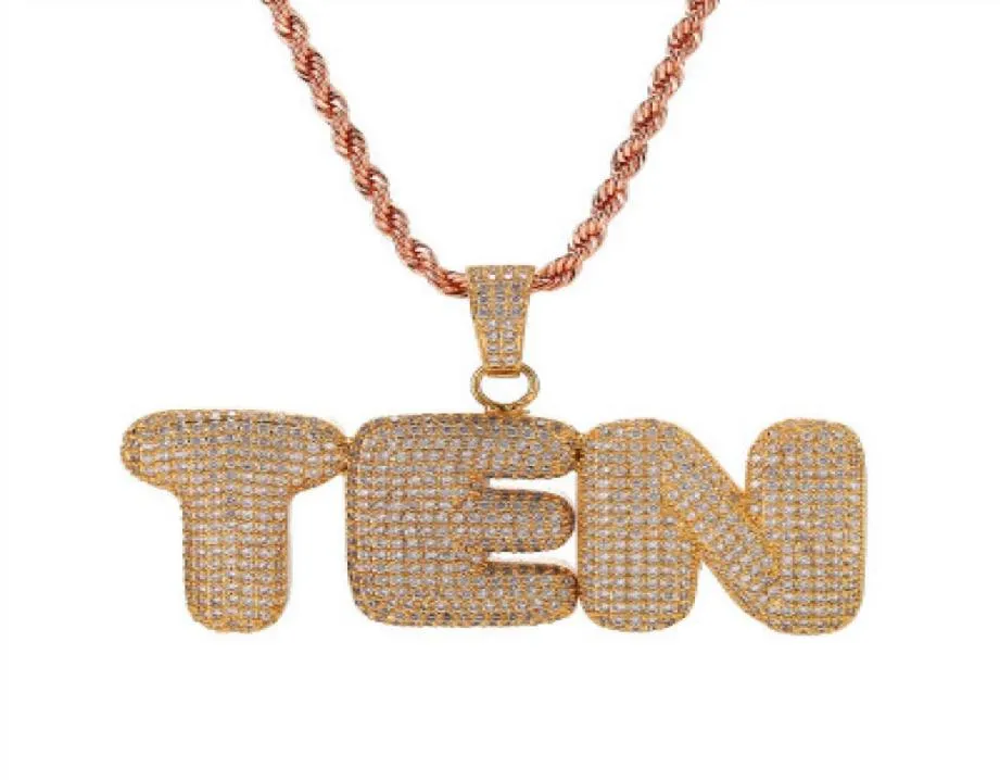 AZ 09 Benutzerdefinierte Name Blase Buchstaben Halsketten Anhänger Charme Für Gold Silber Gold Rose Farbe Kubikzircon Seil Kette Hip Hop Jewel5215426