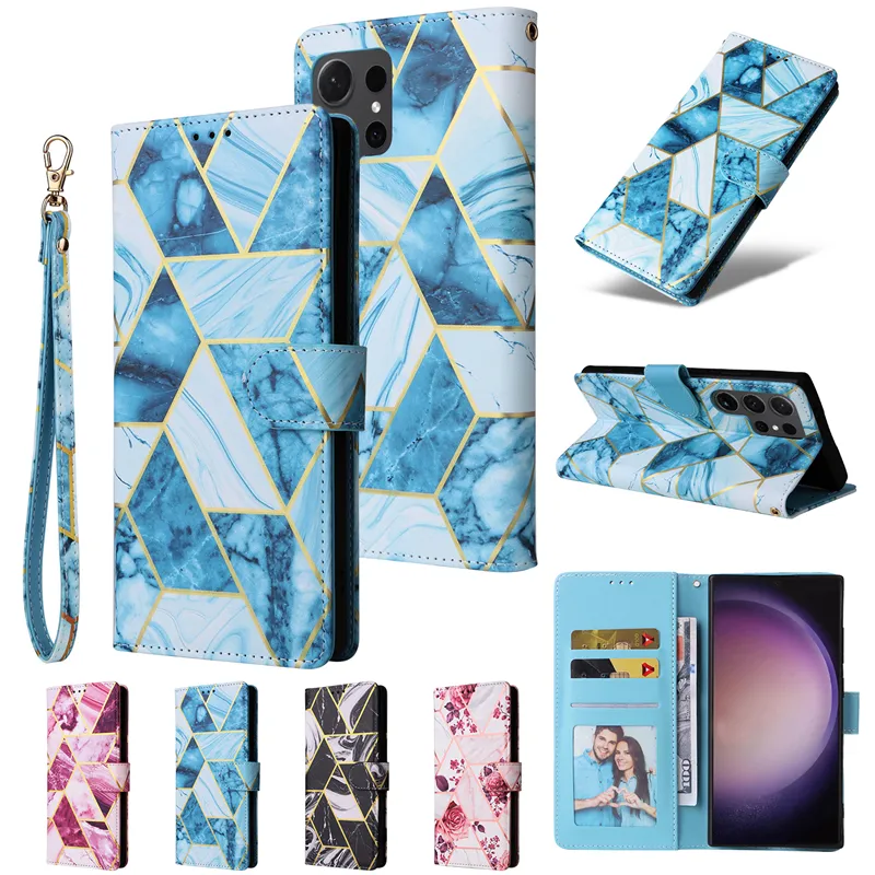 Luxuriöse plattierte Marmor-Folio-Vogue-Handyhülle für iPhone 15 Plus 14 13 12 11 Pro Max Samsung Galaxy S23 Ultra, Armband mit mehreren Kartenfächern, Leder-Geldbörsenhalterung