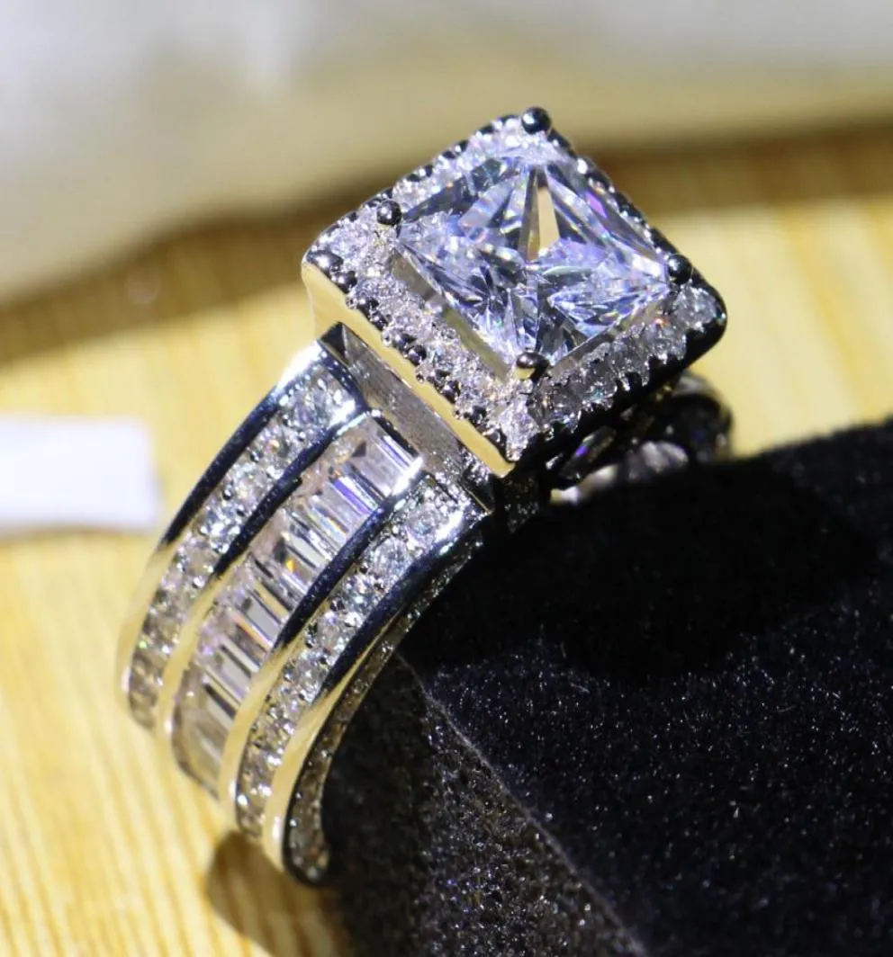 Whole Professional Luxury Jewelry 925 Sterling Silver Princess Cut White Topaz CZ Diamond Pave Promise Women Wedding Engagemen7370577