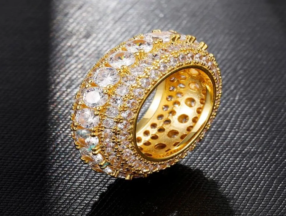 Anillos de diamantes redondos chapados en oro real de 18 k con circonita cúbica helada Anillos de banda de hip hop redondos para deshierbe9953382