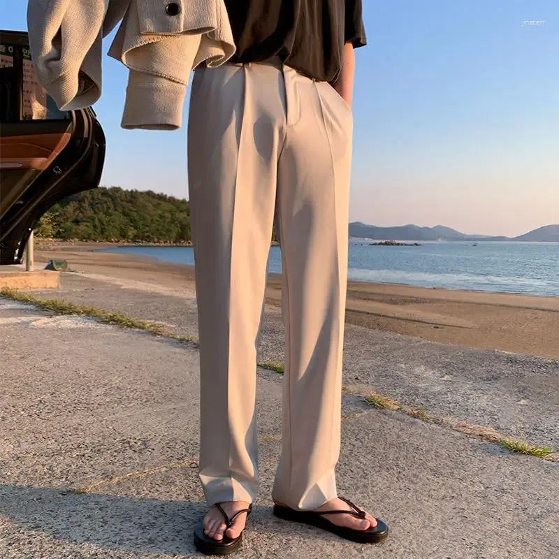 Men Straight Casual Pants Summer Korean Style Baggy Slit Wide Leg