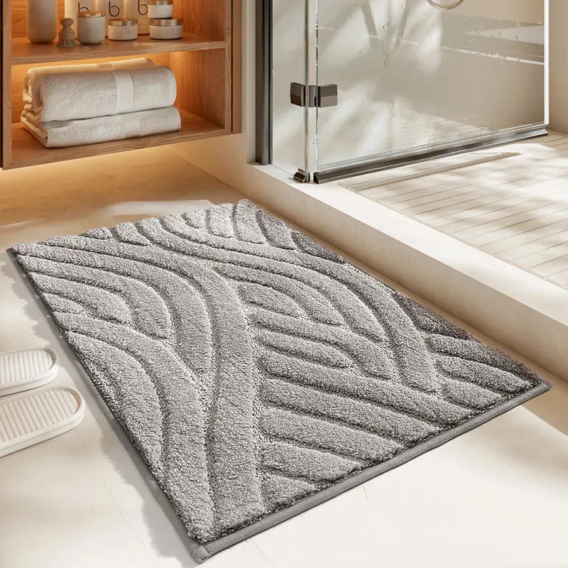 Carpets Solid Color Stripes Flocked Bathroom Super Absorbent Water Floor Mat Home Thicken Anti-slip Bath Rug Easy To Clean Bathroom Rugs 231212