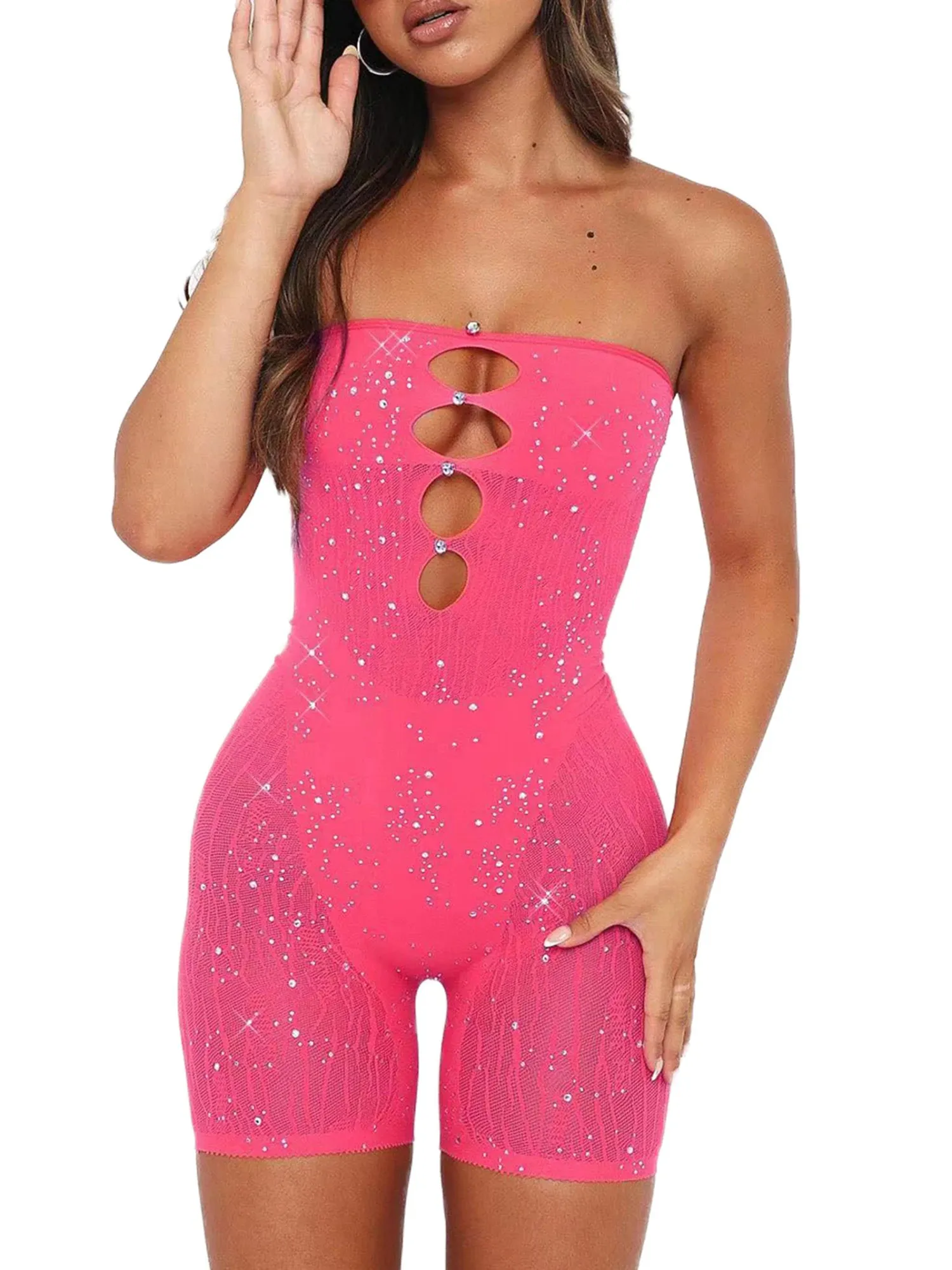 Kadın Tulumları Yükselen Kadınların Köpüklü Sequin Omuz Bodycon Tulum Kapalı Zarif Rhinestone Sleeless Out Party Clubwear 231213