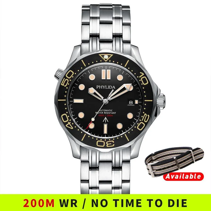 PHYLIDA Black Dial MIYOTA PT5000 Automatic Watch DIVER NTTD Style Sapphire Crystal Solid Bracelet Waterproof 200M 210310288n
