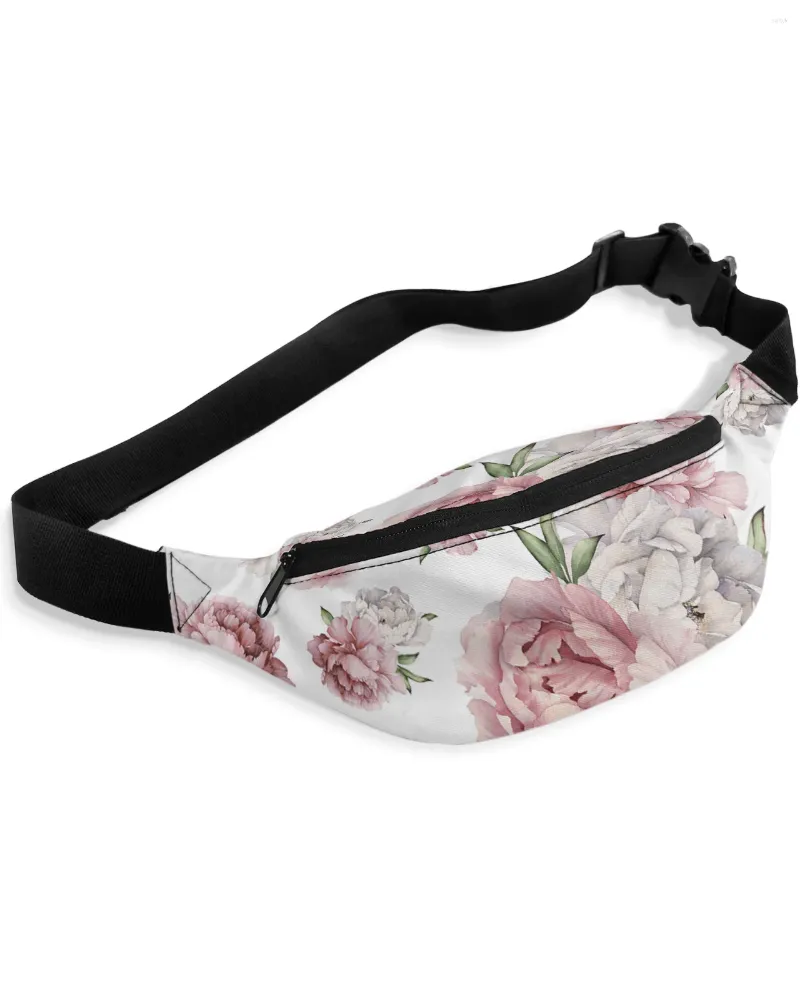 Sacs de taille Vintage Fleurs Rose Pivoine Blanc Sac Femmes Hommes Ceinture Grande Capacité Pack Unisexe Bandoulière Poitrine