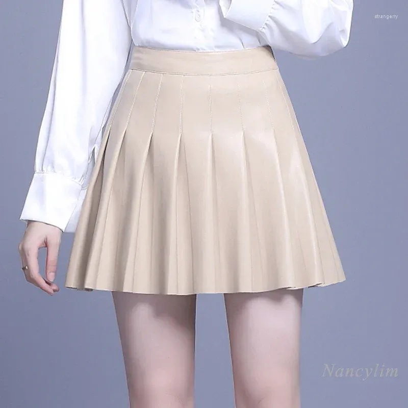 Skirts Apricot Leather Skirt Woman Autumn Winter Short Real High Waist Slimming A- Line Sheepskin Pleated Lady