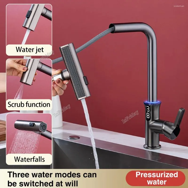 Bathroom Sink Faucets Waterfall Temperature Digital Display Basin Faucet Pull Out Cold Mixer Black Rainfall Spray Kitchen Tap