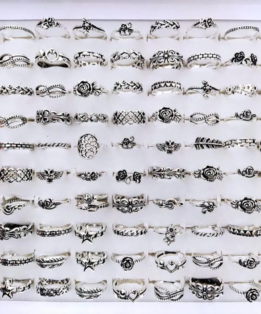 Band Bulk lots 100pcs Antique Silver Plated Multi styles for Women Vintage Ladies Flower Fashion Finger Retro Jewelry 2211251612549