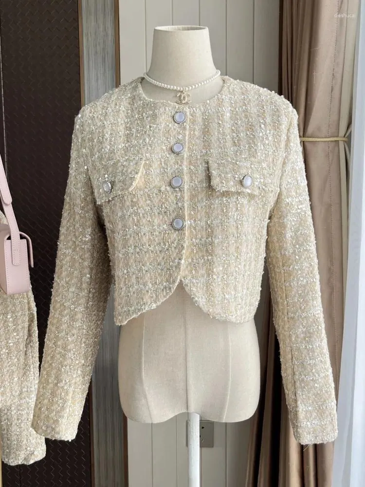 Vestes Femmes Automne Tweed Veste Mode Champagne Petit Parfum Manteau Court Femme Bouton Élégant Bouton En Laine À Boutonnage Outwear