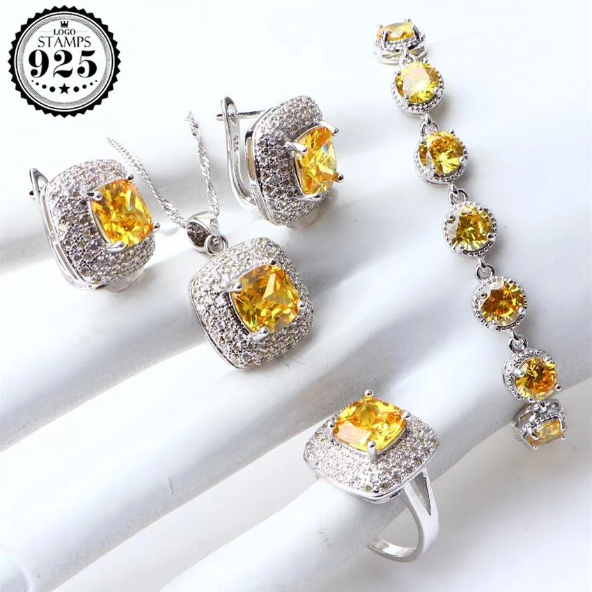 Conjuntos de jóias de fantasia amarelo zircônia cúbica prata 925 brincos de jóias para mulheres anel de casamento colar pingente conjunto presentes caixa cx2001822