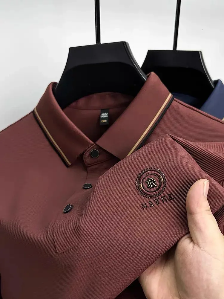 Polos masculinos de alta qualidade marca de manga comprida carta personalizada impressa camisa polo masculina outono moda casual seda resistente a rugas t-shirt 231212