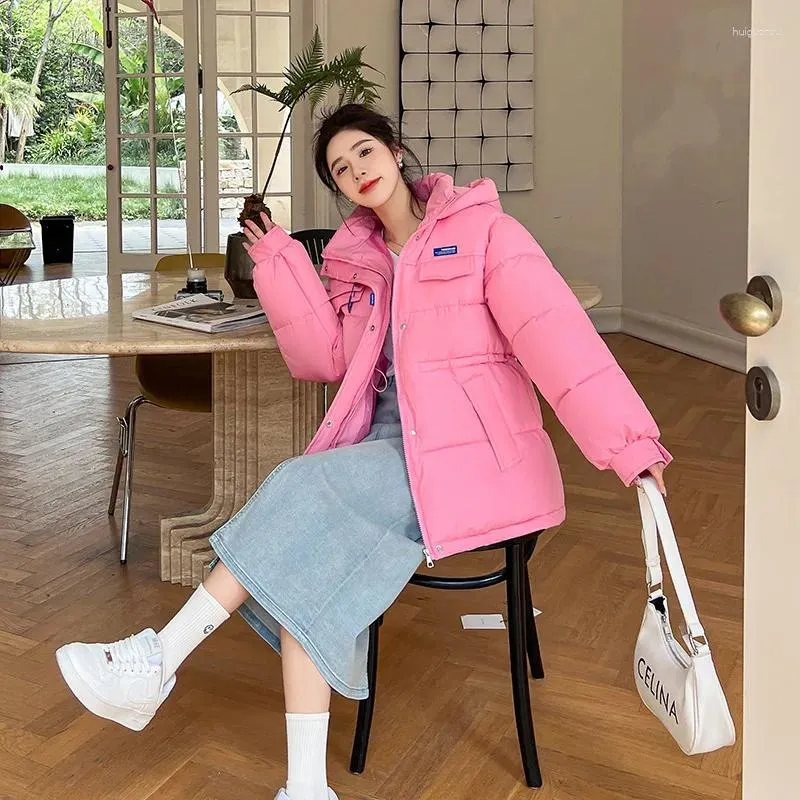 Women's Trench Coats 2023 Pink Candy Color Down Cotton Coat Autumn And Winter Thickened