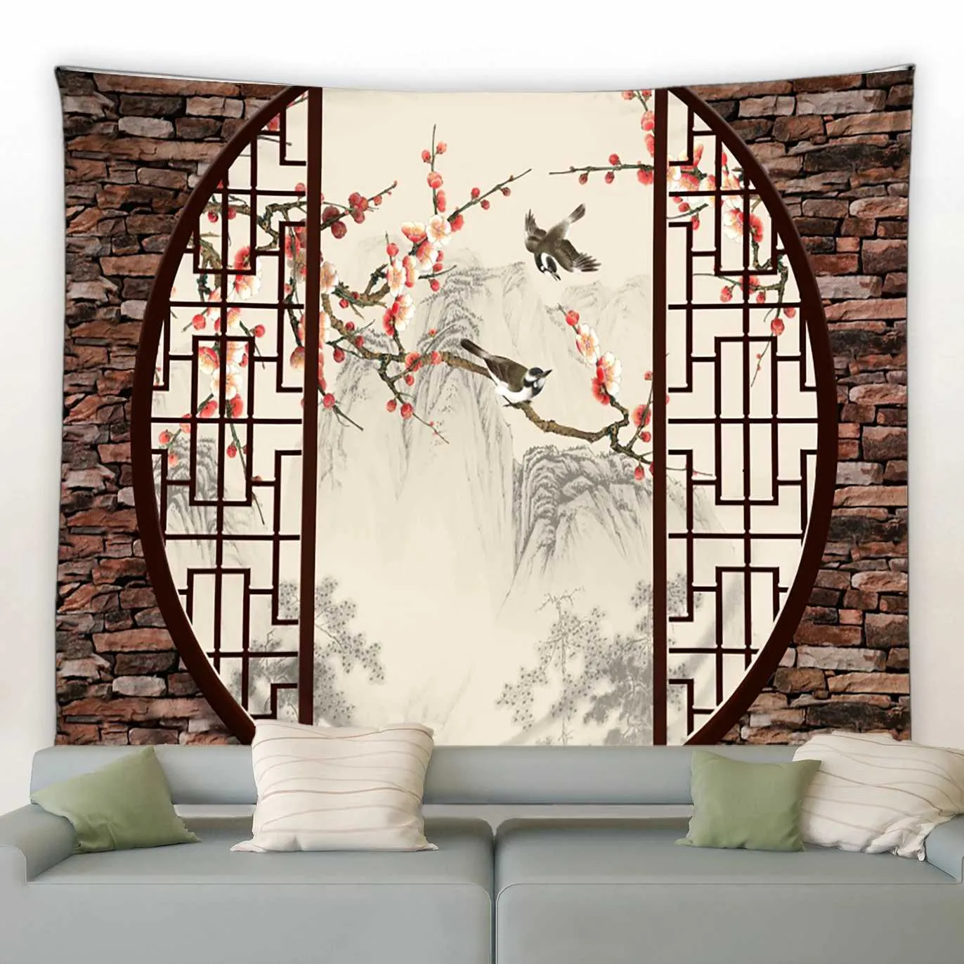 Tapisseries de paysage naturel chinois, Style Vintage, arches 3D en bambou vert, décoration murale suspendue de fond pour la maison