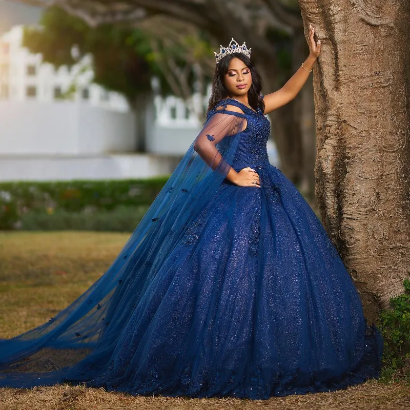 Bleu marine brillant perles De cristal dentelle Quinceanera robes robe De bal hors De l'épaule avec Cape doux robes De 15 filles