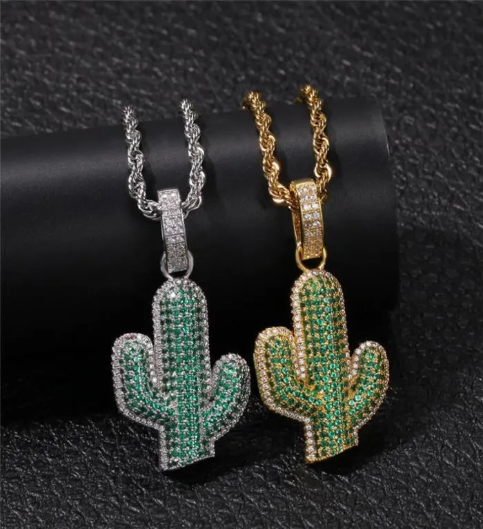 2019 Summer Green Cactus Necklace Iced Out Cubic Zircon Gold White Plated Mens Hip Hop Jewelry Gift9628305