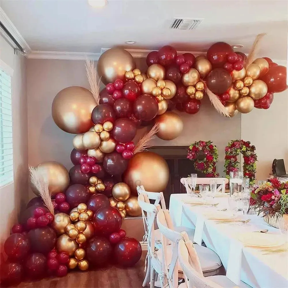 Juldekorationer 137 st Burgundy Wine Red Chrome Gold Balloons Garland Arch Kit For Wedding Valentine's Day Birthday Party Baby Shower Dekoration 231213