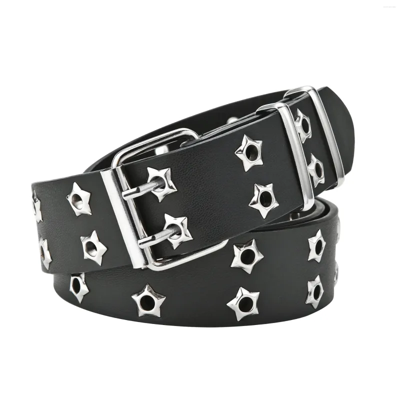 Bälten Yonbaody Star Eye Rivet Dubbel Pin Buckle Belt Man/Woman Fashion Casual Puck Style Pu Leather Waistband för Jeans Young