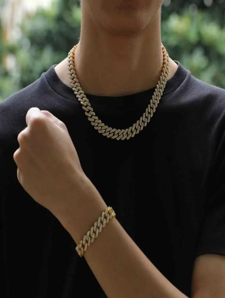 Oświadczenie Naszyjnik 12 mm Miami Cuban Link Naszyjnik Zestaw Bracelet dla mężczyzn Bling Hip Hope Out Diamond Gold Srebrny raper CH5098019