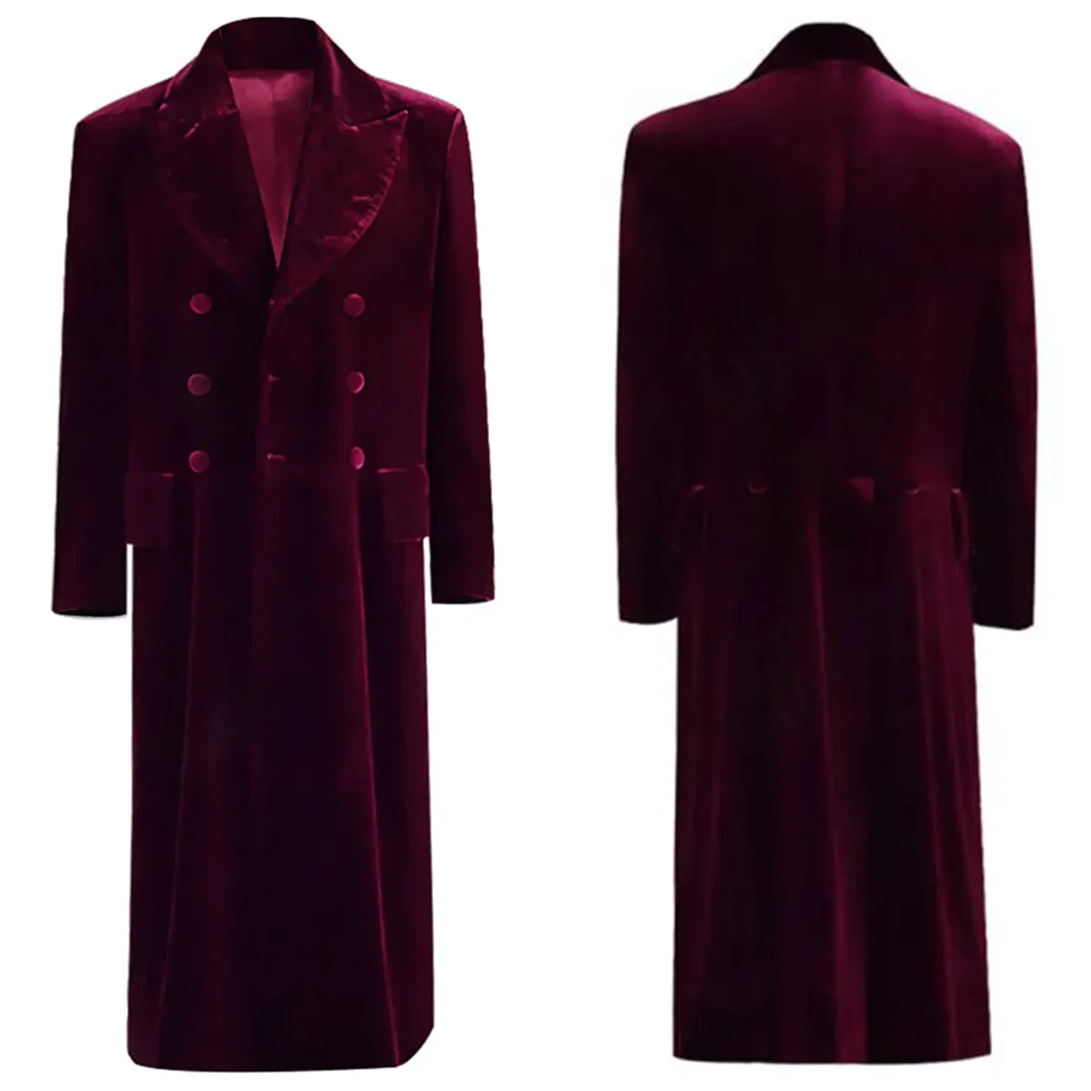 Burgundy Velvet Men Coat Thick Peaked Lapel Long Sleeve Groom Wear Birthday Party Fashion Show Long Jacket