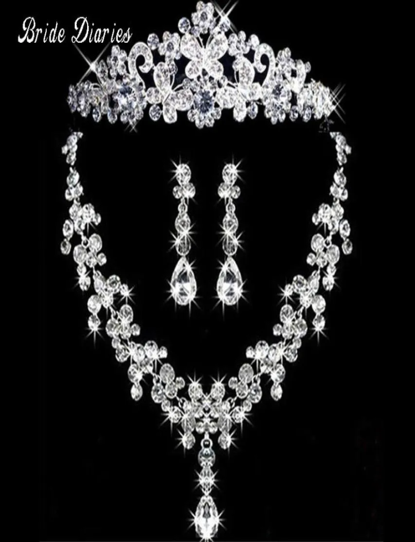 Diari della sposa Colore argento Farfalla di cristallo Tiara Set di gioielli da sposa Collana con strass Orecchini Corone Set D181010028137966