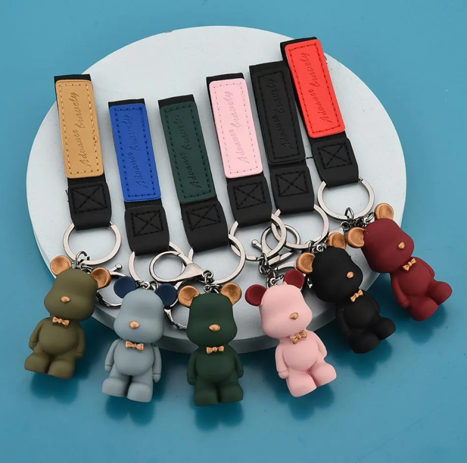 Fashion Bow Tie Bear Keychains Boygirl Friend Leather Lanyard Animal Key Chain Cute Bag Charms Keyring Couples Pendant Jewelry 1204078386