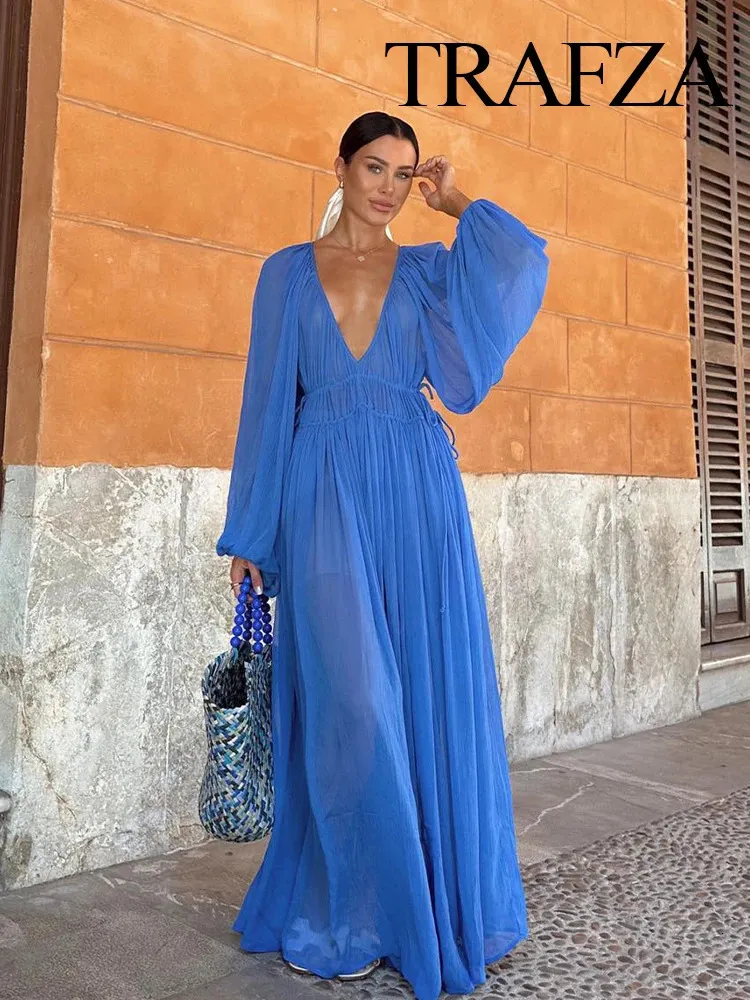 Save Big on Bulk Casual Long Dresses For Sale Chiffon Floral Chiffon Dresses Elegant Women's V Neck Long Lantern Sleeve Ruffled Waist Casual Chiffon