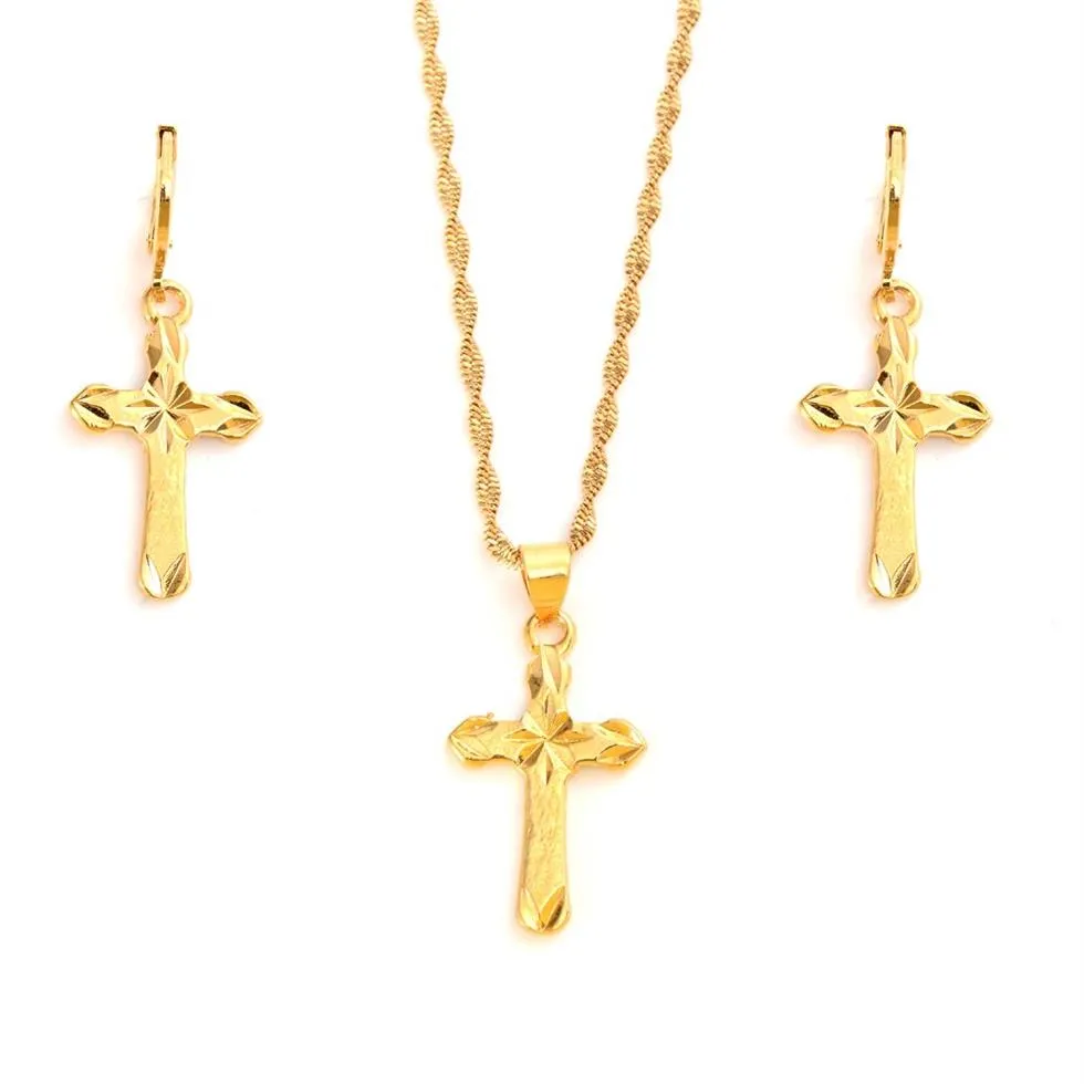 24 k Yellow Fine gold GF Small Mini Tax stamp cross Pendant chain Earrings set Christian jewelry sets women girl Jesus Gift236g