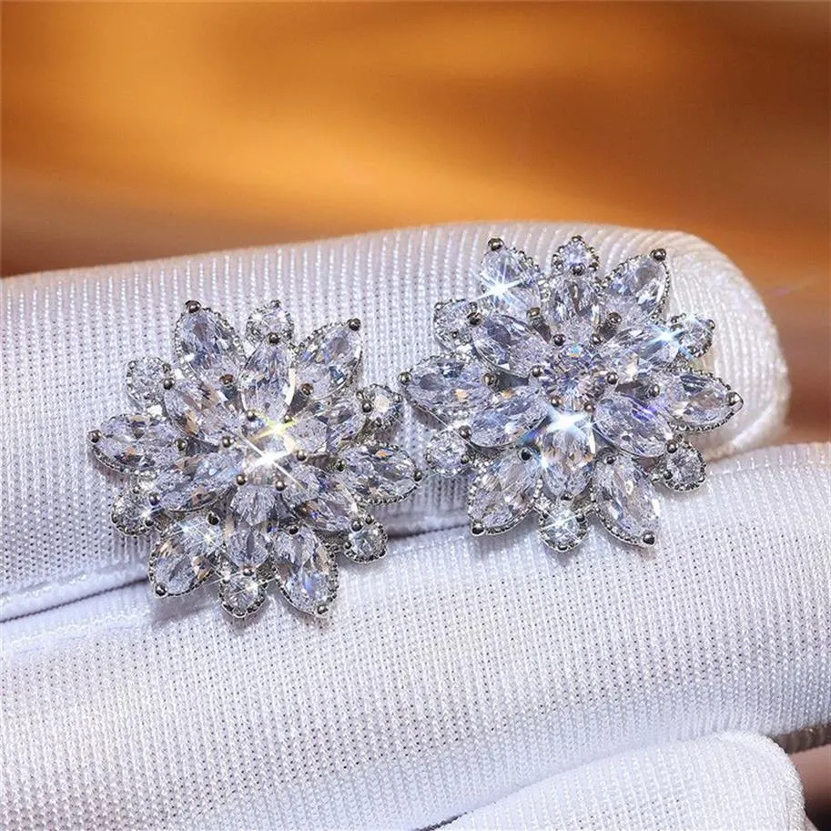 Große Bling Zirkonia Silber Farbe Ohrstecker Modische Blumenohrring für Frauen 925 Schmuck Geschenk Brincos183h