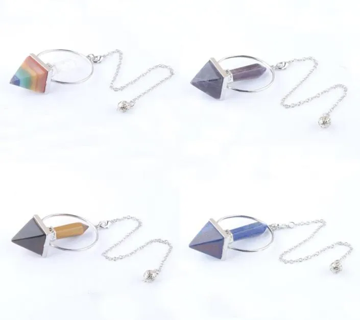 Dowsing Pendulum Dispination Pendants Natural Stone Hexagonal Prism Pyramid Amethyst Tigers Eye Obsidian Crystal Lapis Lazuli Chain2568971