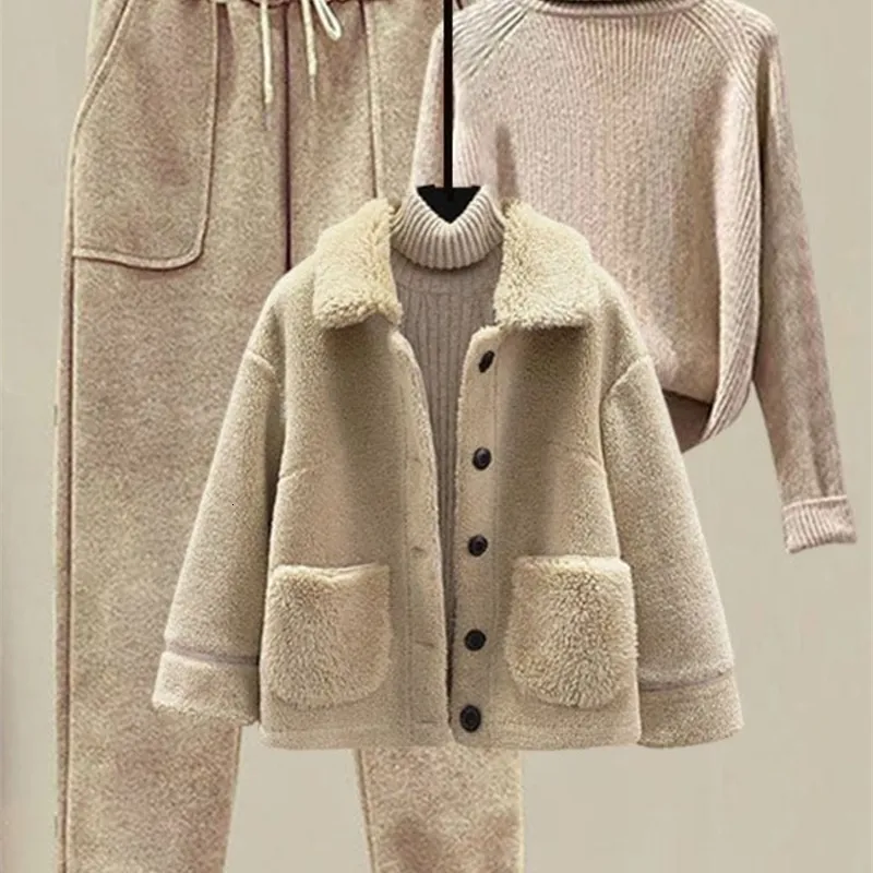 Женские брюки из двух предметов, зимние теплые комплекты из трех комплектов, женские толстые флисовые пальто из меха ягненка, вязаный свитер и шерстяные 231212