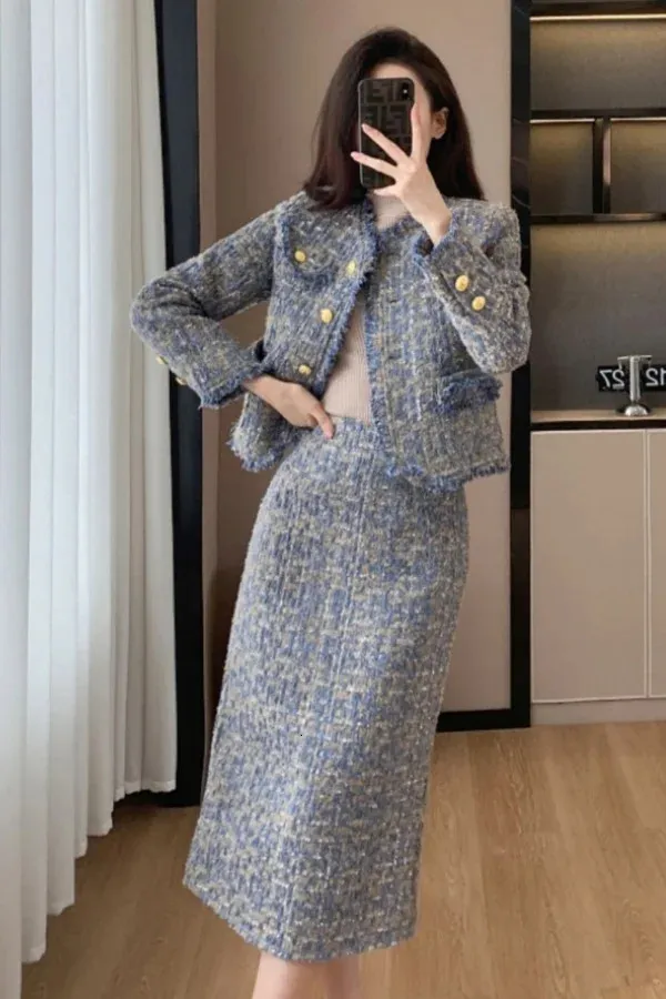 Two Piece Dress French Style Women's Tweed Suit Jacket Skirt Set Autumn and Winter Office Lady Elegant Suit Coat Long Skirt Two-piece Set 231212