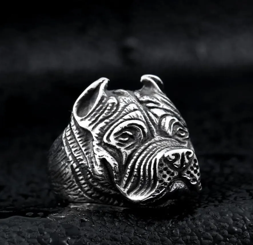 Men039s Anello vintage in acciaio inossidabile vichingo Pitbull Bulldog gotico carlino testa di cane totem amuleto punk animale gioielli per uomini ragazzi6629514