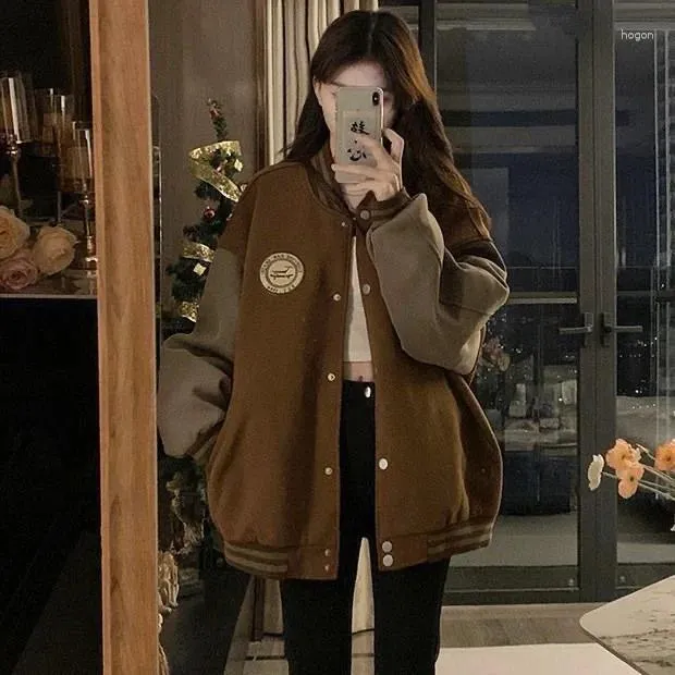 Women's Hoodies Lazy Style Baseball Jersey Jacket Autumn And Winter Velvet American Retro Loose Casual Sweatshirt Ins Tide Merald